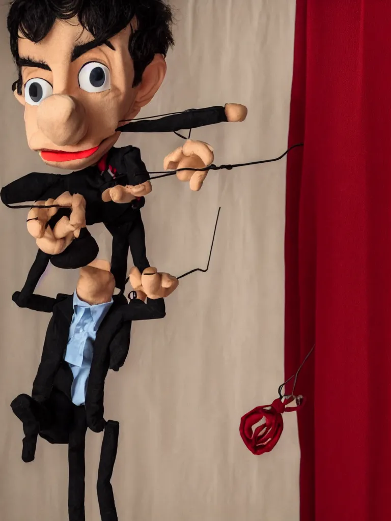 Prompt: close up photograph of nathan fielder from nathan for you behind a puppet stage with a red curtain controlling a single marionette by the strings, high detail, 8 k, photorealism, sharp focus, volumetric lighting