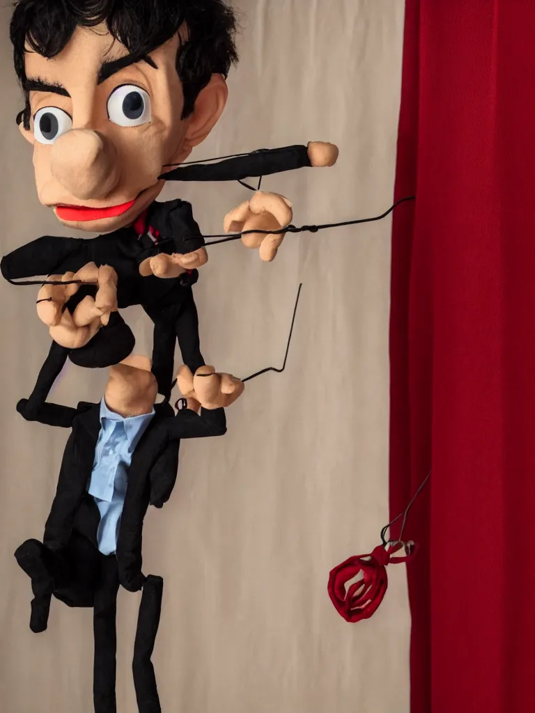 Image similar to close up photograph of nathan fielder from nathan for you behind a puppet stage with a red curtain controlling a single marionette by the strings, high detail, 8 k, photorealism, sharp focus, volumetric lighting