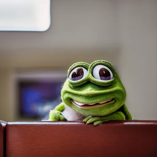 Image similar to closeup potrait of happy pepe frog In a cozy room, natural light, sharp, detailed face, magazine, press, photo, Steve McCurry, David Lazar, Canon, Nikon, focus