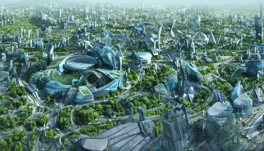 Prompt: futuristic city with green roundabout and trees, stadium, fountains, green and blue glass buildings, berlin, paris, hyperdetailed, artstation, cgsociety, 8 k
