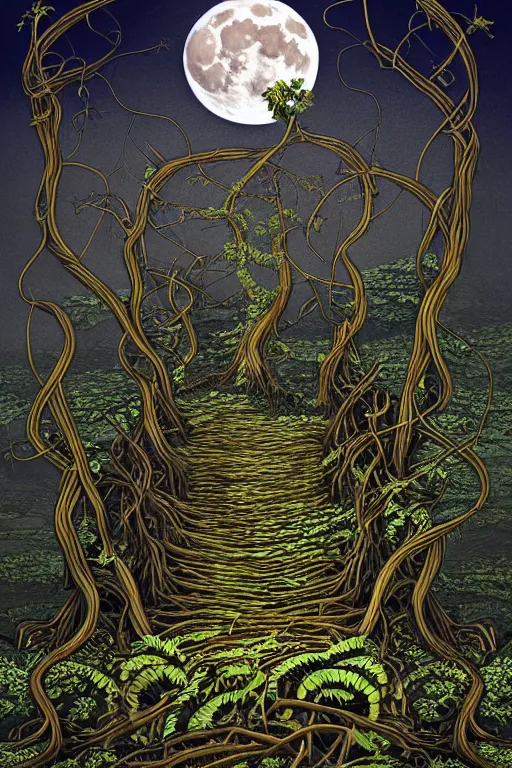 Image similar to a beautiful digital illustration painting of a detailed gothic fantasy full moon and roots, throne chair and vines by by benoit b. mandelbrot, howard arkley. 8 k resolution trending on artstation concept art digital illustration