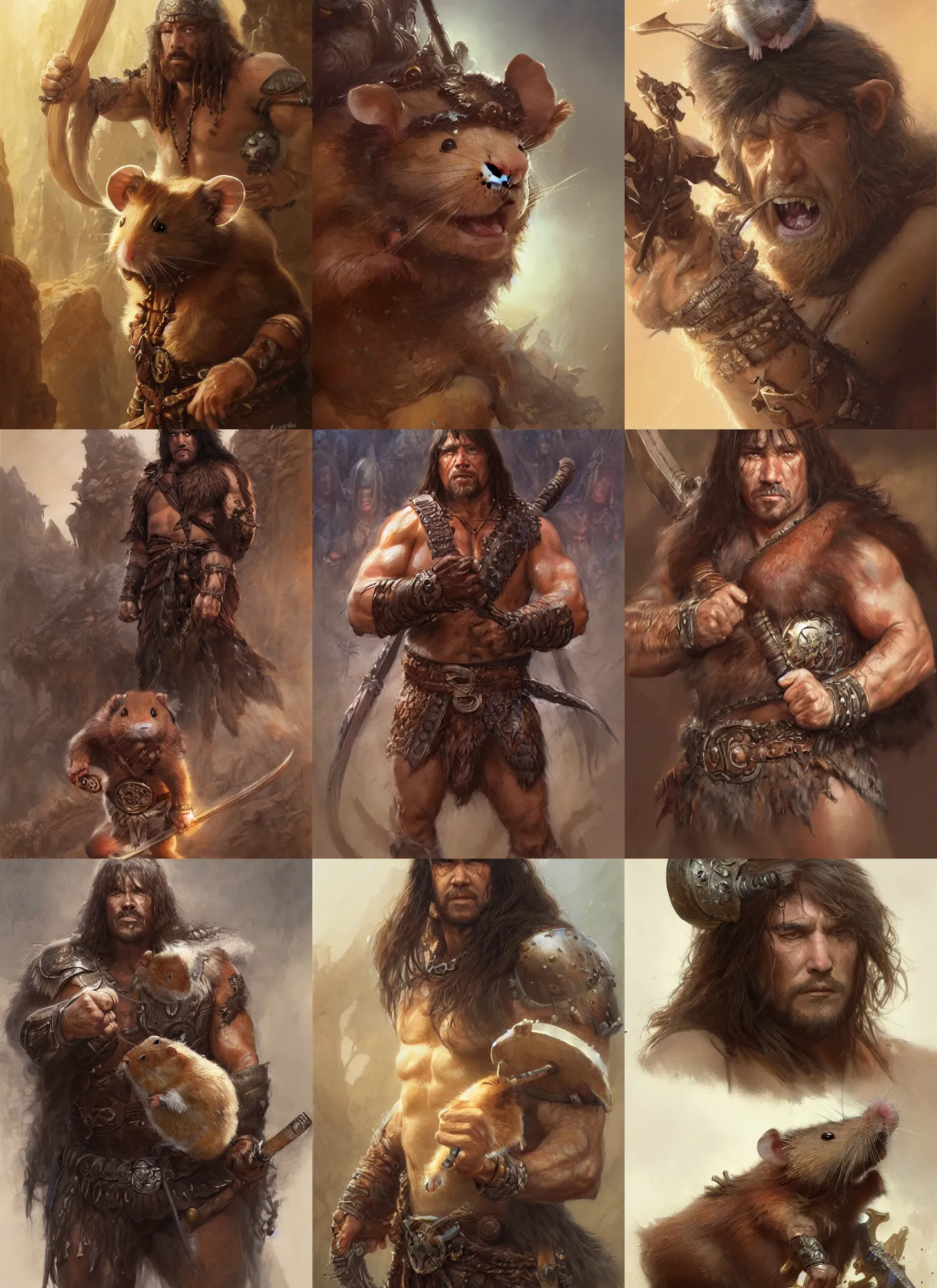 Prompt: a detailed portrait and full body of a conan the barbarian hamster, by justin gerard and greg rutkowski, digital art, realistic painting, dnd, character design, donato giancola and greg rutkowski, realistic face, digital art, trending on artstation