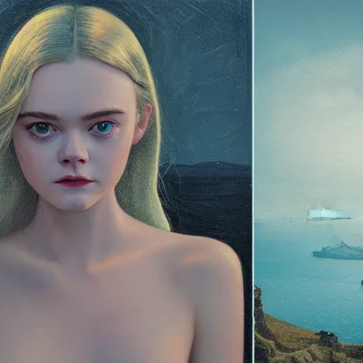 Prompt: Elle Fanning in Santorini in the style of Paola Vetri, head and shoulders portrait, stormy weather, extremely detailed masterpiece, oil on canvas, low-key neon lighting, artstation, Blade Runner 2049, Roger Deakin’s cinematography, by J. C. Leyendecker and Peter Paul Rubens and Edward Hopper and Michael Sowa,
