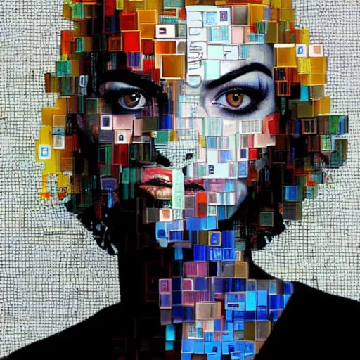 Image similar to A womans face made out of rendering glitches and Microsoft Windows error alerts, by Sandra Chevrier.