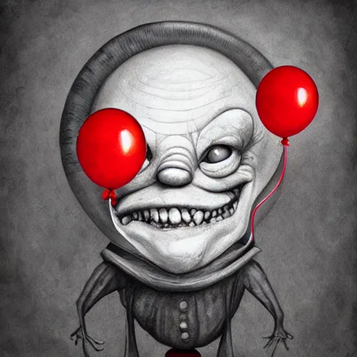 Prompt: surrealism grunge cartoon portrait sketch of a frog with a wide smile and a red balloon by - michael karcz, loony toons style, pennywise style, horror theme, detailed, elegant, intricate