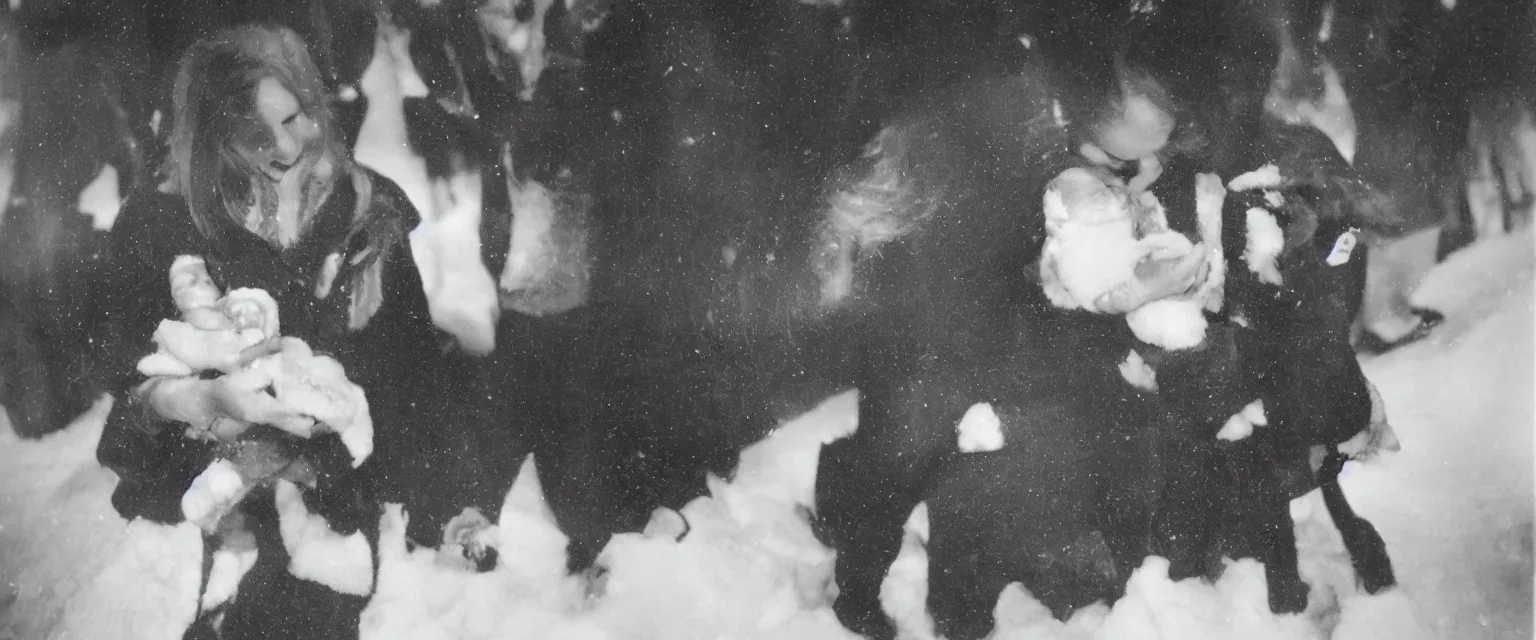 Prompt: weegee portrait of a woman holding a baby in the snow at night