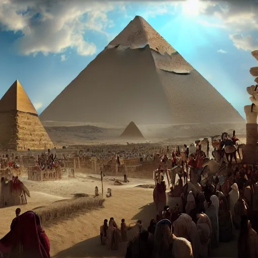 Image similar to Matte painting of Exodus from Egypt. Large crowds of people in Biblical outfits walking in the desert. Pyramids behind. Large pillar of cloud leading the way, detailed digital art trending in artstation