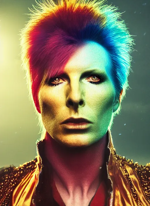 Prompt: ziggy stardust in real life, face centered portrait of ziggy stardust, confident, fog, rain, volumetric lighting, beautiful, golden hour, sharp focus, ultra detailed, cgsociety by leesha hannigan, ross tran, thierry doizon, kai carpenter, ignacio fernandez rios, noir art house, 4 k, 3 5 mm, fujifilm