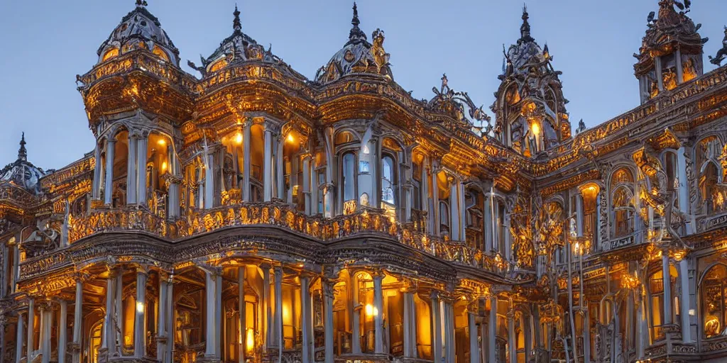 Image similar to extremely detailed ornate stunning sophisticated beautiful elegant victorian museum exterior by Henry Young Darracott Scott and Francis Fowke, stunning volumetric light, stainless steal, concrete, translucent material, beautiful sunset, tail lights