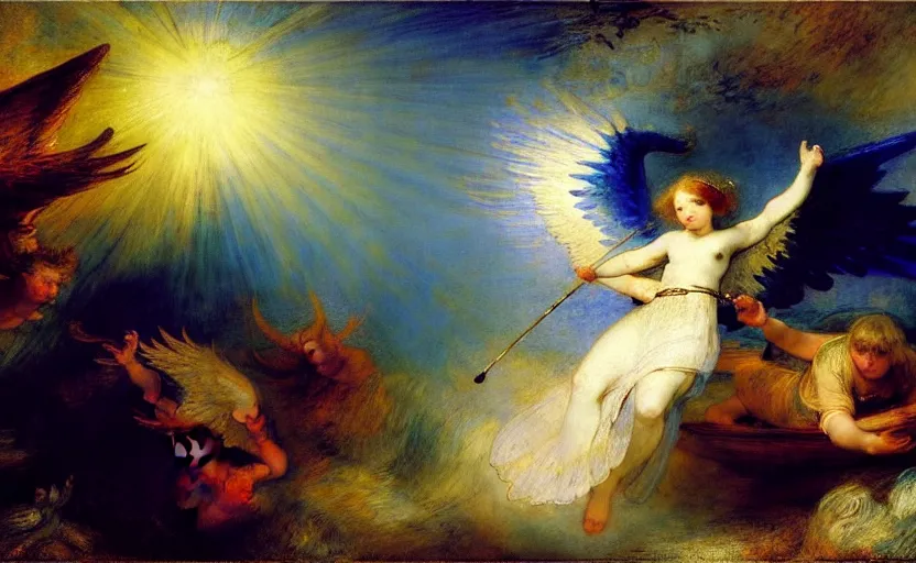 Prompt: angels descent from the heaven devil run away and hide, blue light, blue tones. by henriette ronner - knip, by william henry hunt, by rembrandt, by joseph mallord william turner, by konstantin razumov, concept art