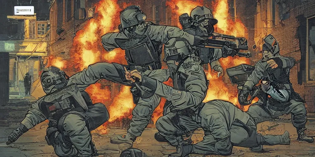 Image similar to Milwaukee cops vs. Ninjas. Epic painting by James Gurney and Laurie Greasley.