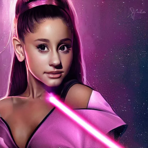 Image similar to A hyper realistic photo of Ariana Grande in the Star Wars universe with two pink lightsabers. Maximum detail on artstation, photo realism