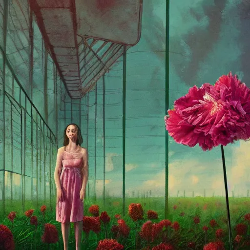 Image similar to giant carnation flower head, woman standing in greenhouse, surreal photography, dramatic light, impressionist painting, digital painting, artstation, simon stalenhag