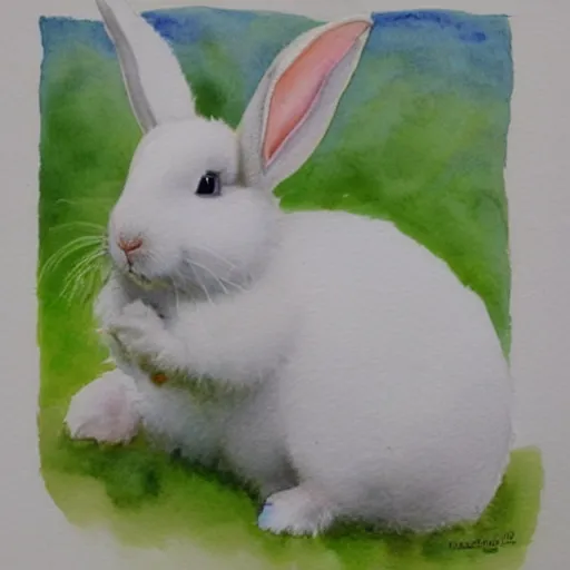 Prompt: a white rabbit with beautiful angelic white wings, smiling, watercolour realistic