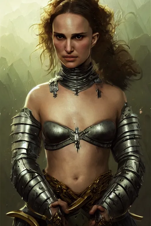 Image similar to natalie portman, legendary warrior, heroic, lord of the rings, tattoos, decorative ornaments, battle armor, by carl spitzweg, ismail inceoglu, vdragan bibin, hans thoma, greg rutkowski, alexandros pyromallis, perfect face, fine details, realistic shading photorealism