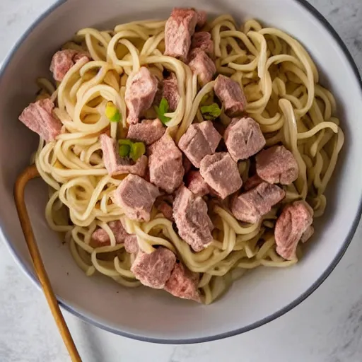 Image similar to white pink meat chunks noodles in styrofoam bowl,