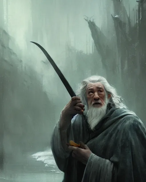 Image similar to gandalf eating a big mac, greg rutkowski, esuthio, craig mullins, cinematic lighting, gloomy