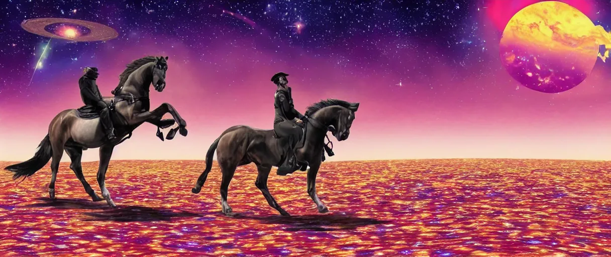 Image similar to a horse riding across the stars on a big pizza, comic style, colorful, 4 k, high details, vaporwave