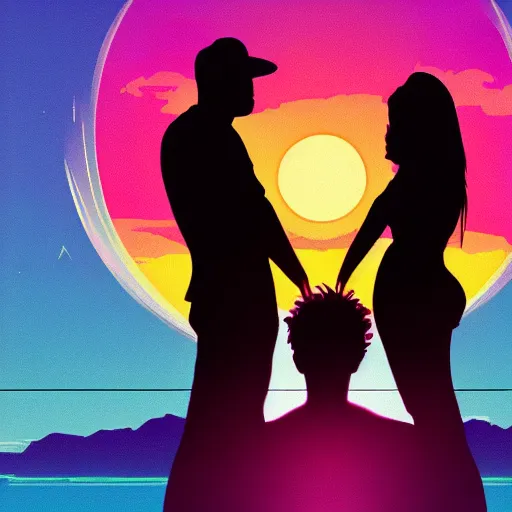 Prompt: a synthwave sunset with a man and woman staring at the sunset