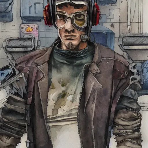Image similar to watercolor of a cyberpunk mechanic, realistic, detailed, Industrial Scifi, in the style of Ashley Wood and Moebius