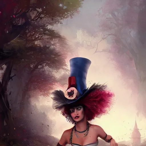 Image similar to realistic, full body portrait, scantily dressed female mad hatter, by Jordan Grimmer and greg rutkowski, crisp lines and color,