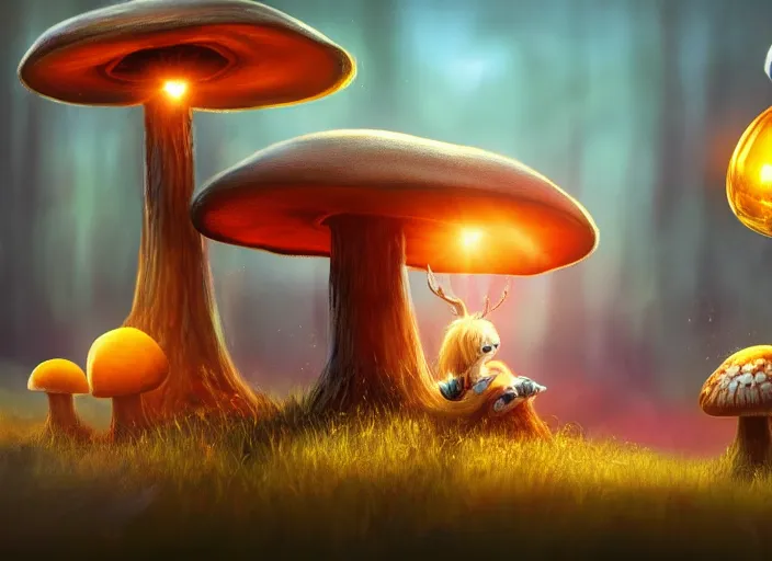 Image similar to a cute creature sitting next to a mushroom, golden hour, fantasy, sharp focus, digital art, hyper realistic, 4 k, unreal engine, highly detailed, hd, dramatic lighting by brom, trending on artstation