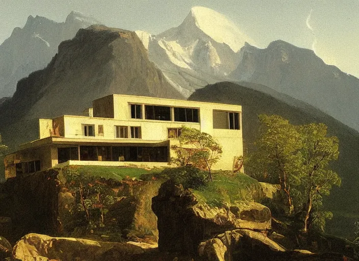 Image similar to painting of a corbusier house in in front of beautiful mountains by thomas cole