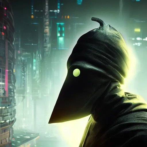 Image similar to cyberpunk inspired plague doctor hacking, 4 k, stunning, shifted angle