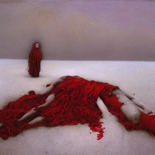 Prompt: a surrealist painting of a lonely woman with white skin and red hair, standing over pile of bodies in post apocalyptic snowy landscape, painted by beksinski