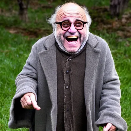 Image similar to danny devito as an old druid wizard, bald, bushy grey eyebrows, long grey hair, disheveled, wise old man, wearing a grey wizard hat, wearing a purple detailed coat, a bushy grey beard, sorcerer, he is a mad old man, laughing and yelling