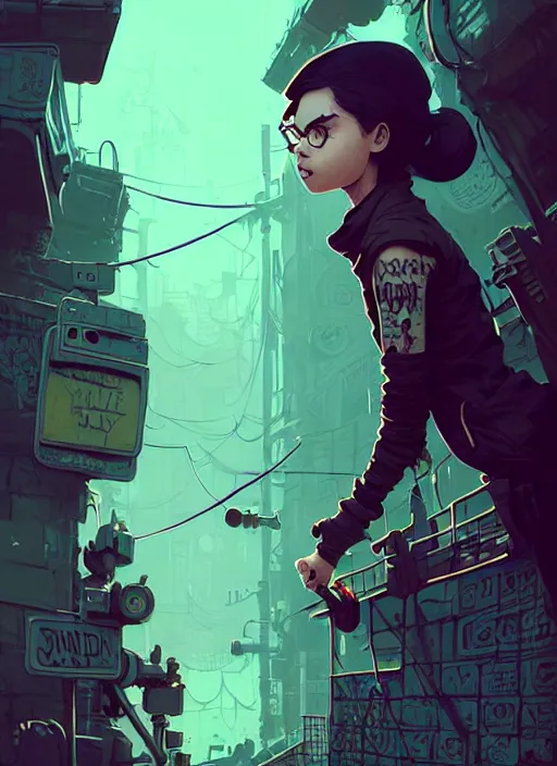 Prompt: highly detailed portrait of a sewer punk young lady by atey ghailan, james gilleard, by joe fenton, by greg rutkowski, by greg tocchini, by kaethe butcher, 4 k resolution, gradient yellow, black, brown and cyan color scheme, grunge aesthetic!!! ( ( dystopian graffiti tag wall in background ) )