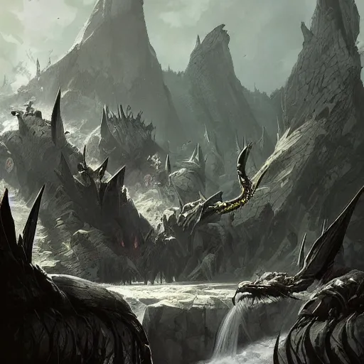 Image similar to black dragons dwell in the wilderness by sung choi, by greg rutkowski.
