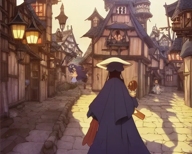 Image similar to ( majo no tabitabi ), key anime visual portrait of a young female witch walking through a busy medieval village, dynamic pose, dynamic perspective, cinematic, dramatic lighting, detailed silhouette, anime proportions, alphonse mucha, perfect anime, yoh yoshinari, ( yuki urushibara )