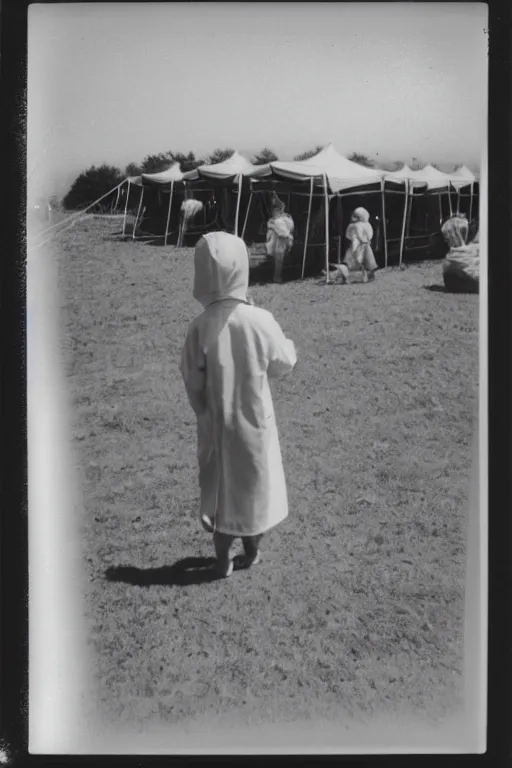 Image similar to photo polaroid of a sad and lonely child in a white coat and barefoot stands in the middle from behind the camera many big tents of field hospitals, pandemic, covid, loneliness, black and white ,photorealistic, 35mm film,