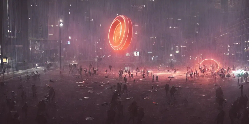 Prompt: policemen protecting a huge orange spiral - shaped bright white luminous attractor that is floating right in the center of the city from protesting people,, rain and light fog, professional lighting, concept art in 3 d, high detail, professional lighting, unreal engine