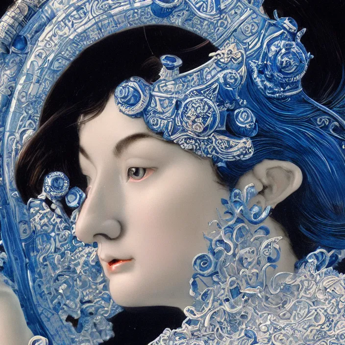 Image similar to a close - up portrait of an ornate blue and white porcelain figure made out of white vitrified translucent ceramic ; china. reflective detailed textures. gloomy black background. highly detailed fantasy science fiction painting by moebius, norman rockwell, frank frazetta, and syd mead. rich colors, high contrast. artstation