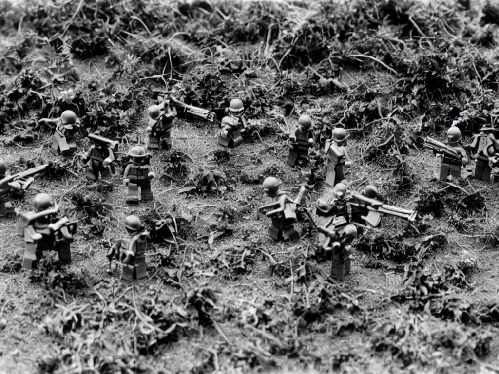 Prompt: vietnam war lego - figurines fighting in dense jungle, fog, vines, lot's of action, explosions, bullets flying, tracer bullets, blood, 1 9 7 0, military archive photo