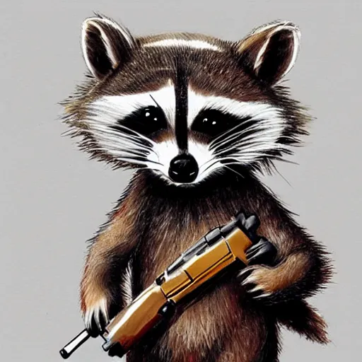 Prompt: a raccoon dressing up as a squirrel holding a gun, concept art, very detailed