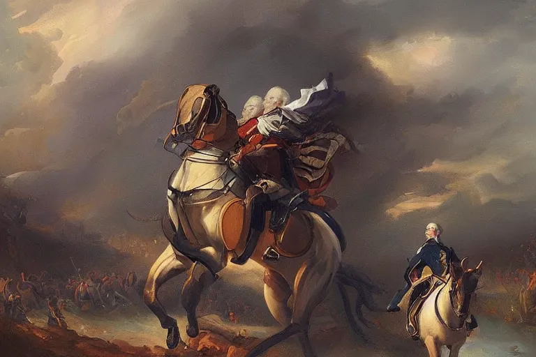 Image similar to “An oil painting of George Washington riding in an open top attack mech trending on artstation”