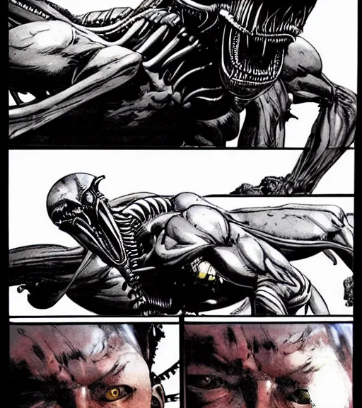 Prompt: a scene of a man face to face with a dangerous xenomorph predator alien creature, comic book art, by yoji shinkawa and takehiko inoue and kim jung gi, masterpiece, perfect