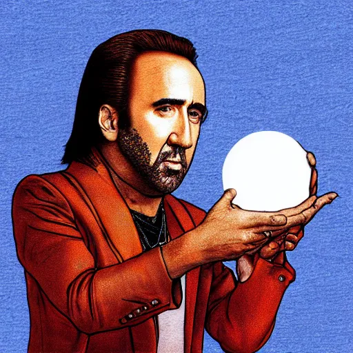 Prompt: Nicolas Cage pondering his Orb by Studio Myr