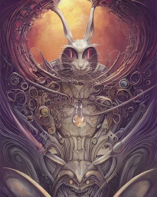 Prompt: alchemist rabbit, by antonio j. manzanedo, giger, alex grey, android jones, wayne barlowe, philippe druillet, raymond swanland, cyril rolando, josephine wall, harumi hironaka, trending on artstation