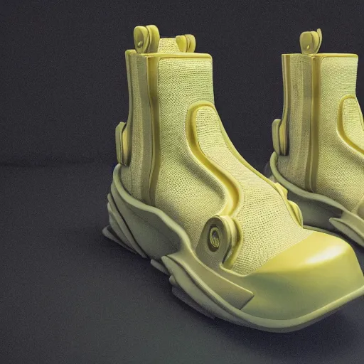 Image similar to subject photo photo of futuristic balenciaga and vetements sneakers by and giger and cronenberg, ultra rendered extreme realism and detail, 8 k, pbr, surreal, colorful, direct lighting,