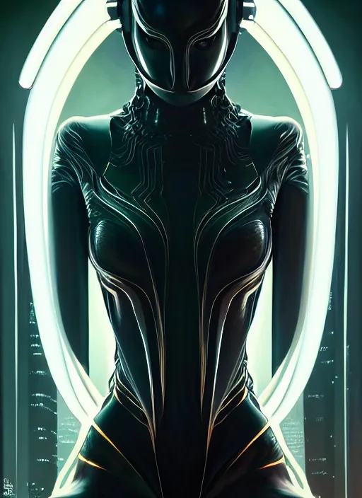 Image similar to symmetry!! portrait of a symbiote woman, sci - fi -, cyberpunk, blade runner, glowing lights, tech, biotech, techwear!! intricate, elegant, highly detailed, digital painting, artstation, concept art, smooth, sharp focus, illustration, art by artgerm and greg rutkowski and alphonse mucha