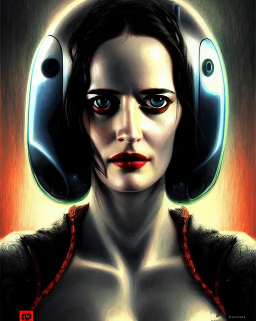 Image similar to eva green, robot, character portrait, portrait, close up, concept art, intricate details, highly detailed, sci - fi poster, cyberpunk