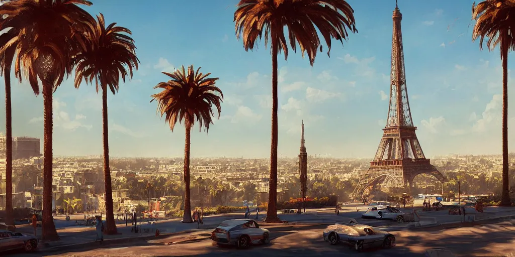 Image similar to beautiful landscape of the wonderful city of paris built in california, amazing sunny weather, eiffel tower next to the beach, palm trees, splendid haussmann architecture, digital painting, highly detailed, intricate, craig mullins, greg rutkwowski, matte painting, trending on artstation