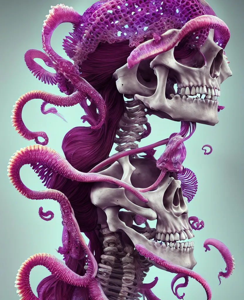 Image similar to goddess close - up portrait human skeleton, ram skull, squid phoenix jellyfish, orchid, betta fish, bioluminiscent, intricate artwork by tooth wu and wlop and beeple. octane render, trending on artstation, greg rutkowski very coherent symmetrical artwork. cinematic, hyper realism, high detail, octane render, 8 k