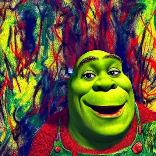 Image similar to shrek in the style of a jackson pollock painting