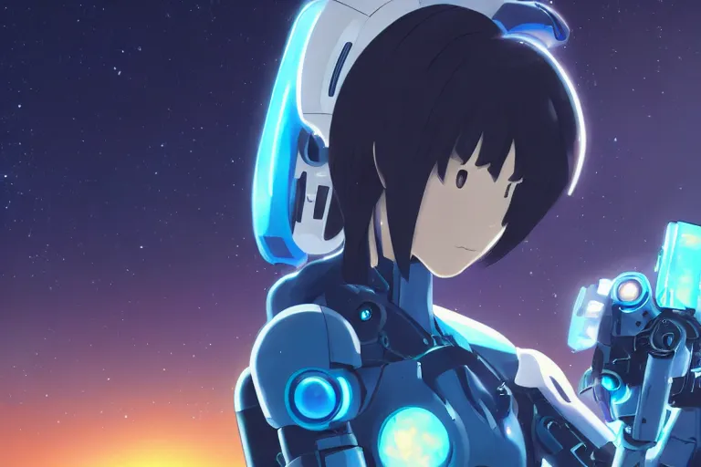 Prompt: makoto shinkai. robotic android girl. futuristic cyberpunk dystopia. vibrant nebula sky. blue hand.