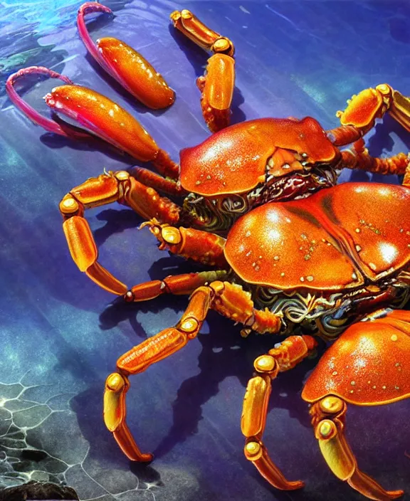 Image similar to intricate colorful transparent portrait of a disturbing beautiful alien crab creature, mottled coloring, adorable, childlike, underwater environment, ultra realistic, concept art, art nouveau, photorealistic, octane render, 8 k, unreal engine. art by christopher marley and artgerm and greg rutkowski and alphonse mucha